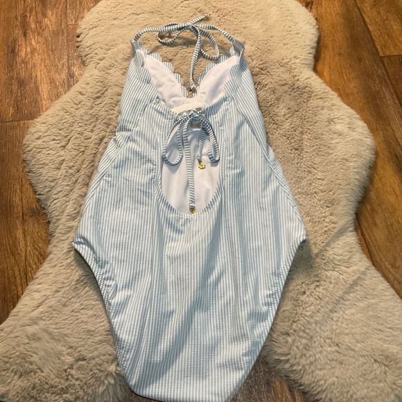 Jessica Simpson Swimsuit Size Large Tie Back Striped Blue White Ruffle One Piece - Picture 4 of 8